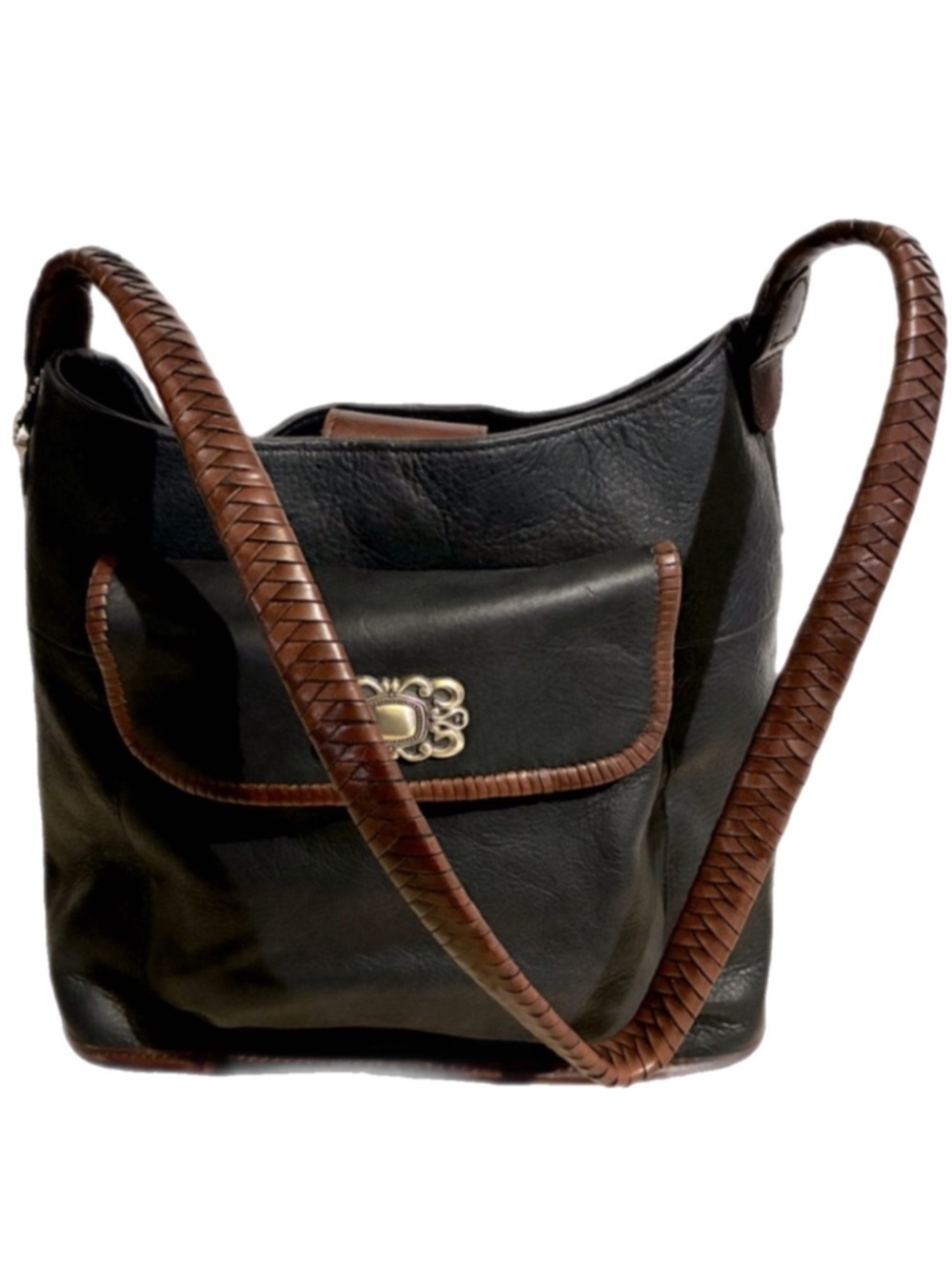 Vintage Y2K 90s FOSSIL Black Leather Western Shoulder Bag Purse Rope Woven Strap